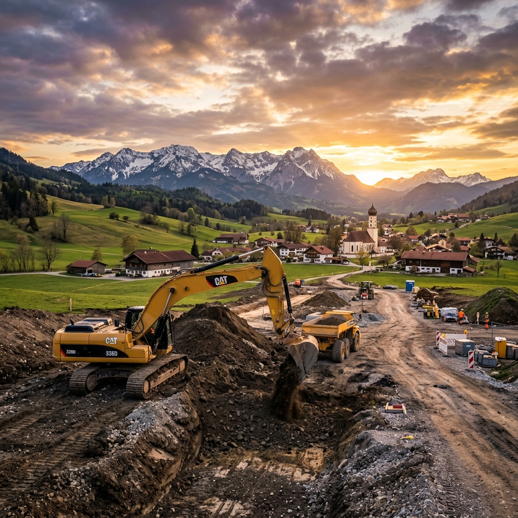 Bagger bei Erdarbeiten im oberbayerischen Voralpenland bei Sonnenuntergang